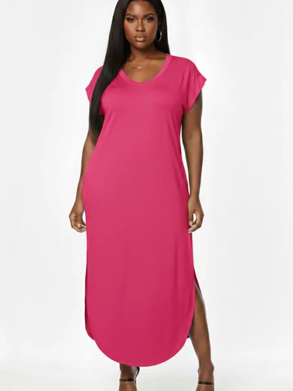 Fuchsia V-Neck Maxi T-Shirt Dress